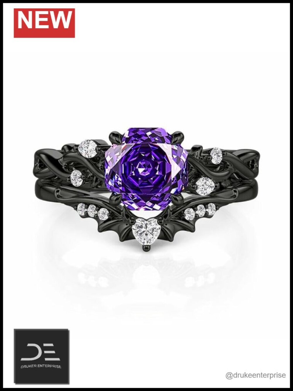 1.5 ct Purple Rose Cut Gothic Sterling Silver Wedding Ring Set